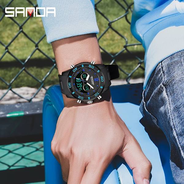 SANDA Janpan Electronic Movement Herrklockor Sport 2Time Led Display Militär Digital Vattentät Watch Relogio Masculino Black