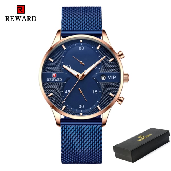 REWARD Business Herrklockor Toppmärke Lyx Chronograph Vattentät Quartz Watch Herr Rostfritt stål Sport Date Armbandsur Blue(.277)