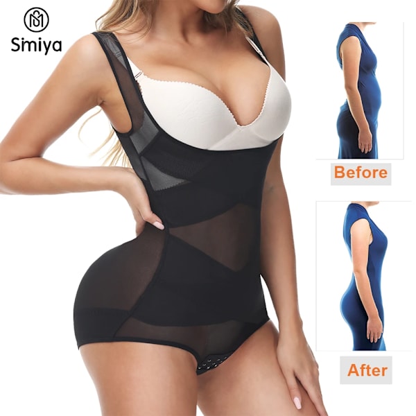 Bodysuit för kvinnor Shapewear Sömlösa underkläder Magkontroll Öppen byst Korsett Bantning Body Shaper Waist trainer Black add Black M