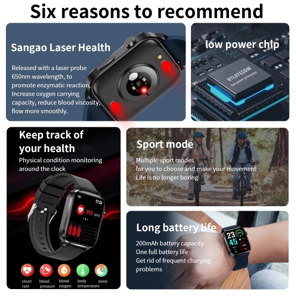 Smärtfri Icke-invasiv åtgärd Blodsocker Watch Män Laserbehandling Blodtryck Hälsa Kvinnor Glukometer Smartwatch Black Mesh Belt