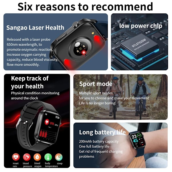 Smärtfri Icke-invasiv åtgärd Blodsocker Watch Män Laserbehandling Blodtryck Hälsa Kvinnor Glukometer Smartwatch Red Silicon