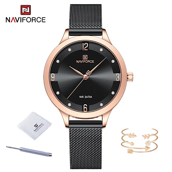 NAVIFORCE modeklockor för kvinnor högkvalitativ kvarts damklocka Mesh rostfritt stål Sliver blå vattentät damarmband RGB