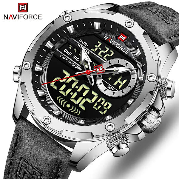 NAVIFORCE Militära klockor för män Mode Sport Kronograf Alarm Armbandsur Vattentät Quartz Big Clock Digital Man Watch S B With Box