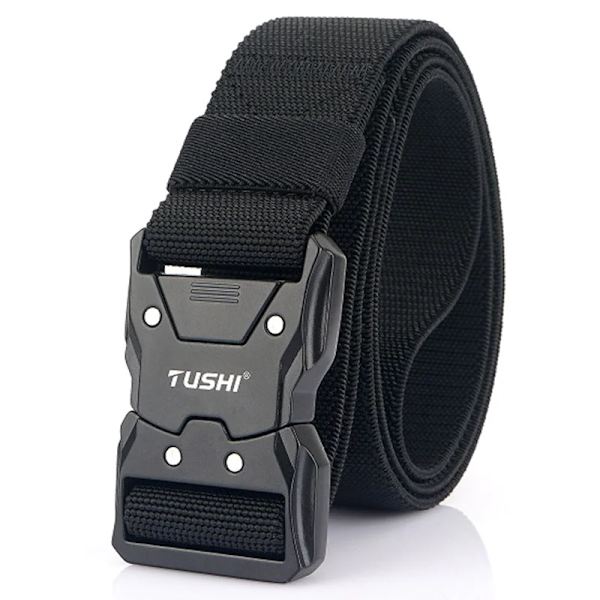 VATLTY Quick Release Elastiskt bälte Herr Hård legering Spänne Stark Äkta Nylon Dam Stretchbälte Utomhussport Arbetsbälte Hane Black 115CM