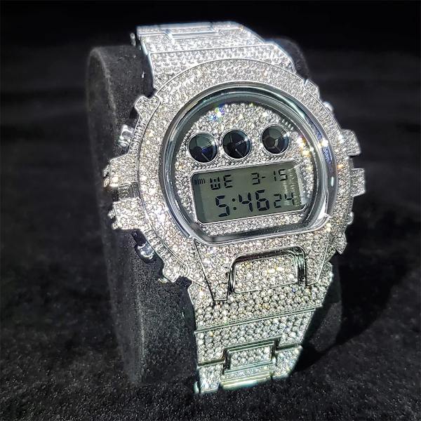 Hip Hop MISSFOX Helt Iced Out Herrklockor Digitalt rostfritt stål Mode Lyx Diamond Quartz Armbandsur AAA Classic Watch V304-RG