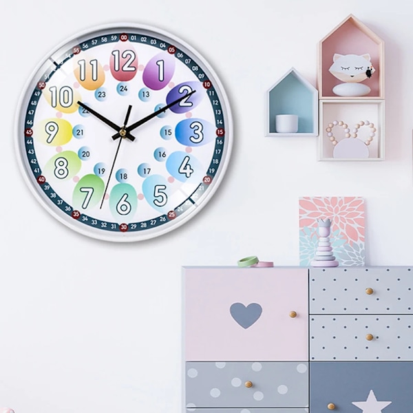 12 tums väggklocka barn tyst klocka tid lärare färgglada siffror klocka lättläst hängande klocka vardagsrum heminredning C white frame