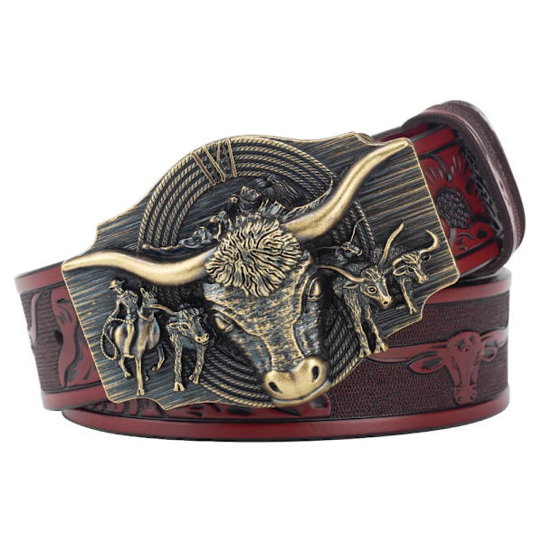 Komönster bälte äkta läder Fritid Cowboy Big Agio Cow Bronze wine red 85cm
