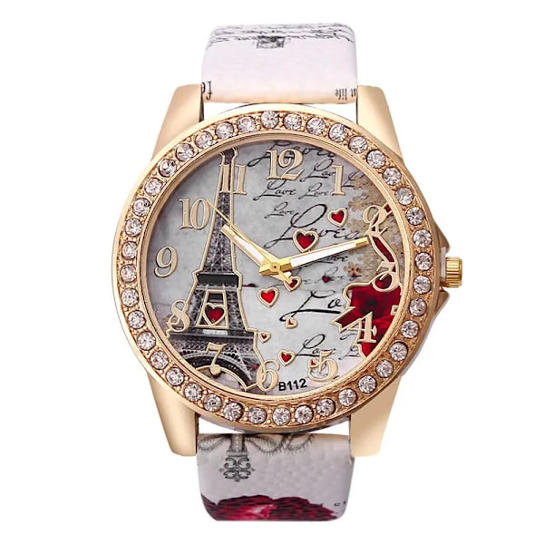 Kvinnor Stora Klockor Mode Lyx Kristall Paris Eiffel Tower Klockor Kvinnor Läderband Quartz Armbandsur Casual Damklockor Gray