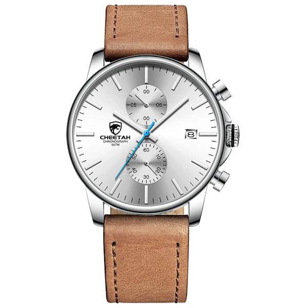 2021 Watch CHEETAH Märke Mode Sport Kvartsklockor Herr Läder Vattentät Chronograph Clock Business Relogio Masculino Leather White