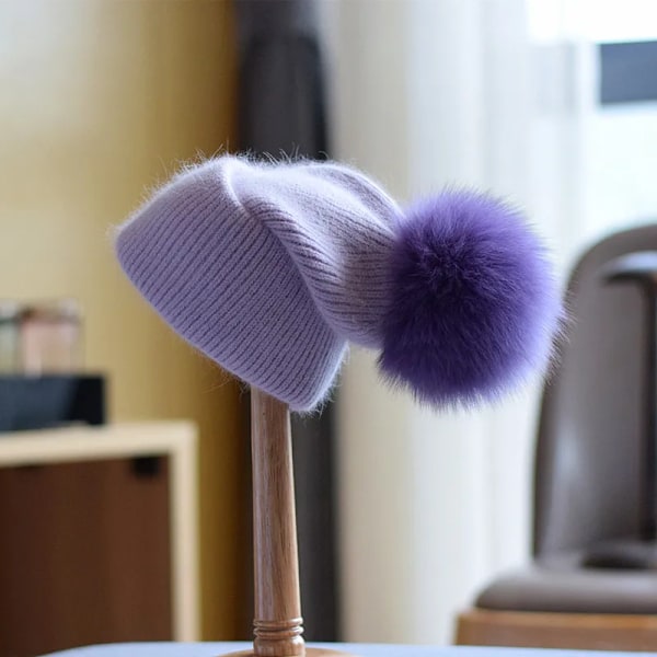 Vinter Pom Pom Stickade Mössor för Kvinnor Mode Mink Varma Pompoms Mössor Kvinnliga Trefaldiga Tjocka Hattar Purple