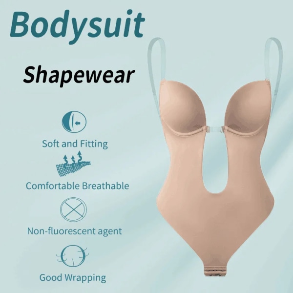 Burvogue rygglös kroppsformare för kvinnor Deep V Body Shapewear U Plunge BH Thong Shaper Bodysuits Push Up Slimming Underkläder Skin M