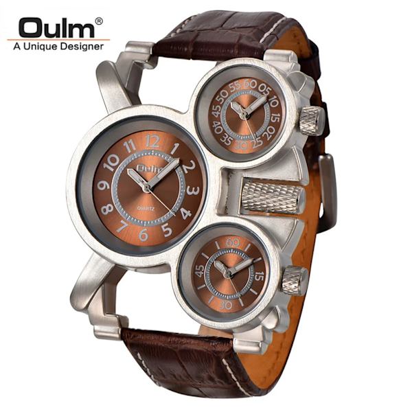 Punk stil män klockor Oulm 1167 New Retro Man Quartz Watch Unik 3 Tidszon Quartz Clock Läder Man Military Armbandsur brown