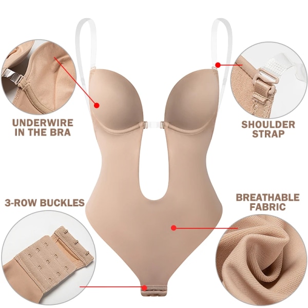 Rygglös Djup V-ringad U-doppning String Waist Trainer Klart band Vadderat Push Up Shapewear Invisible Shaper BH Sexig Bodysuit Korsett White XXL
