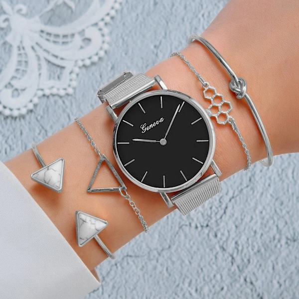 6/5/3PCS 2022 Lyx Damklockor Set Armband Armbandsur Mode Dam Quartz Watch Klänning Kvinnlig Klocka Montre Femme Relogio 5PCS Silver Black