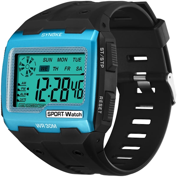 SYNOKE Digitala klockor för män Utomhussport Mode Multi Vattentät Stor urtavla Lysande armbandsur Väckarklockor män Blue