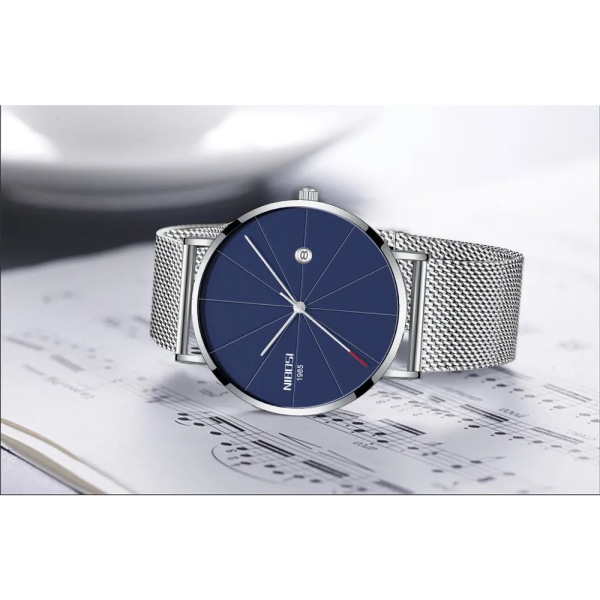 NIBOSI Ny herrklocka Ultratunna watch Enkla affärsklockor kvarts för män Relogio Maskulin manklocka Mesh -band SILVER BLUE M