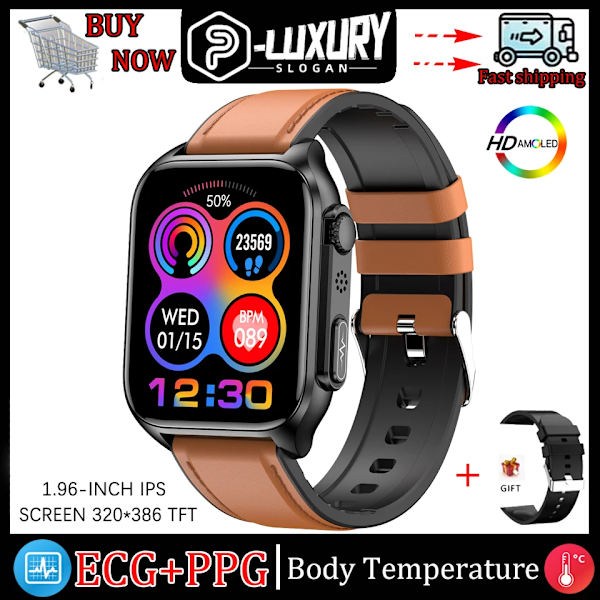LYCKLIG EKG+PPG Smart Watch Män Laserbehandling av hypertoni Hyperglykemi Hyperlipidemi Puls Hälsosam Sport Smartwatch Brown leather