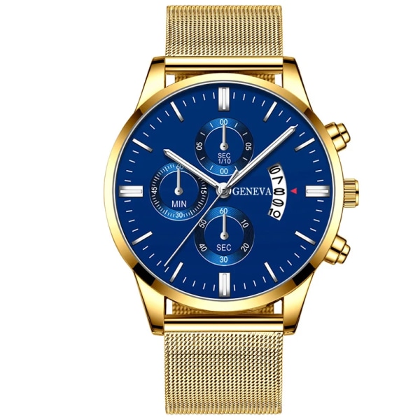 2023 Herrmode Business Kalender Klockor Herr Lyx Blå Rostfritt stål Mesh Bälte Analog Quartz Watch relogio masculino Gold Blue