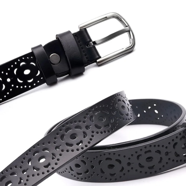 Vitt kvinnasbälte med ihålig blomma \u007FFashion \u007FÄkta läderbälte för kvinnor Jeansbälten dam av högsta kvalitet svart brun färg Black 110cm 36to39 Inch