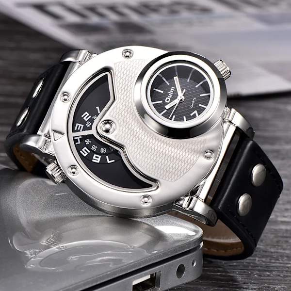 Oulm Klockor Unik Design Flera tidszoner Läderrem Man Quart Armbandsur Oulm 9591 Mode Herr Klockor reloj hombre Black