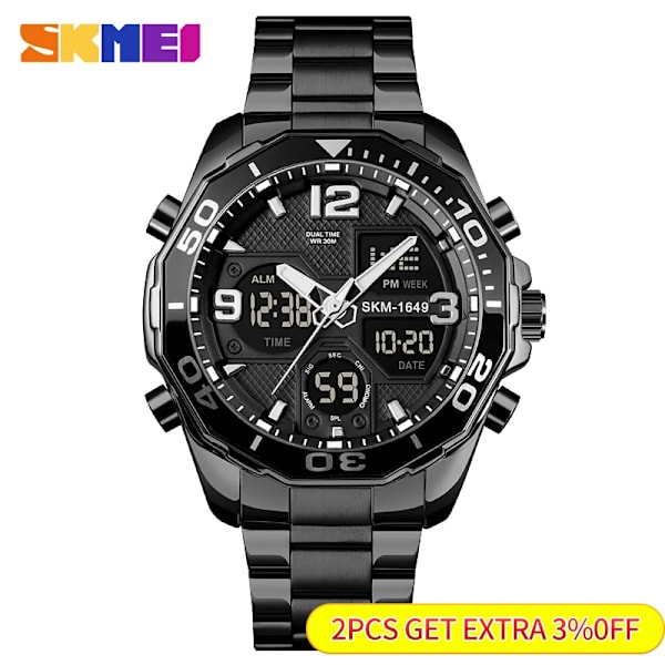 SKMEI 1649 Roterbar Ring Quartz Digital Herrarmbandsur Chrono Alarm Man Clock reloj hombre Dual Movement Sport Herrklockor Silver