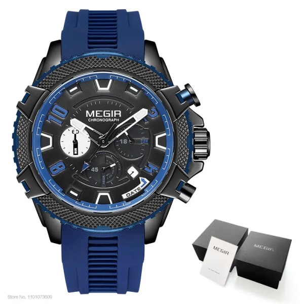 MEGIR Watch för män Orange silikonrem Sport Chronograph Quartz Armbandsur med datum 24-timmarsdisplay 3atm Vattentät Black Blue-Box