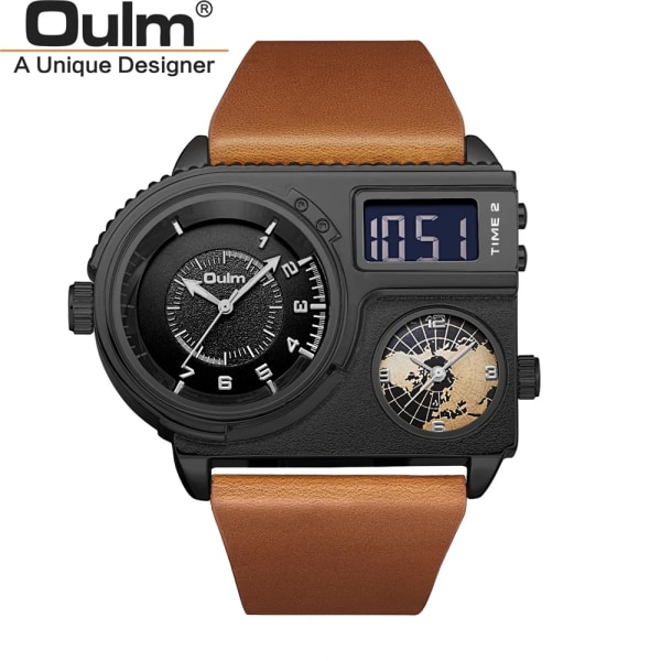 Oulm 5026 New Dual Display Två tidszon Watch Man Big Dial Quartz Clock Timmar Herr Armbandsur i äkta läder black