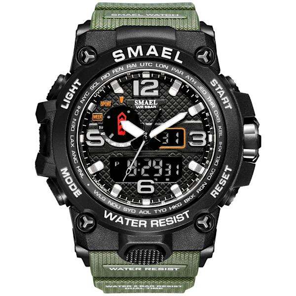 SMAEL Dual Display Digital LED Watch Pointer Typ Quartz Elektriska klockor Relogio Masculino Uomo Sportklocka 1545 ARMYGREEN
