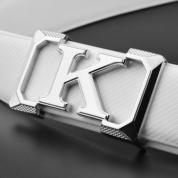 K bokstaven Casual bälte för män Vit modedesigner bälten pojke fritid Koskn midjerem äkta läder metallspänne Midjeband white silver buckle 125cm