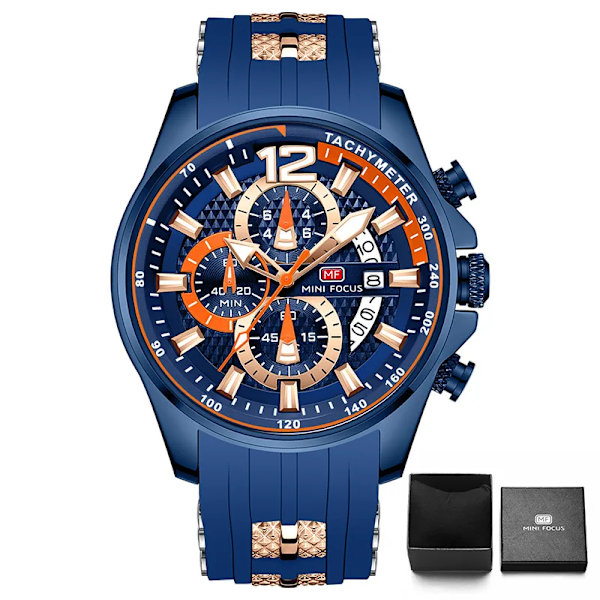 MINI FOCUS Mode Herrklockor Toppmärke Lyx Kvarts Vattentät Sportklocka Armbandsur Relogio Masculino Röd Silikonarmband blue watch with box
