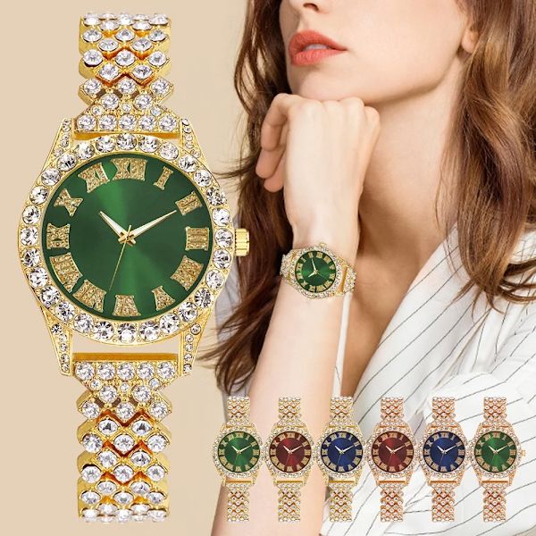 Mode Rhinestone Roma siffror Damklocka Watch i rostfritt stål Damarmbandsur Klocka Zegarek Damski Rose Gold Red