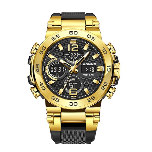 LIGE Nya klockor för män 50M vattentät klocka Alarm reloj hombre LCD Dual Display Armbandsur Quartz Military Sports Watch Gold