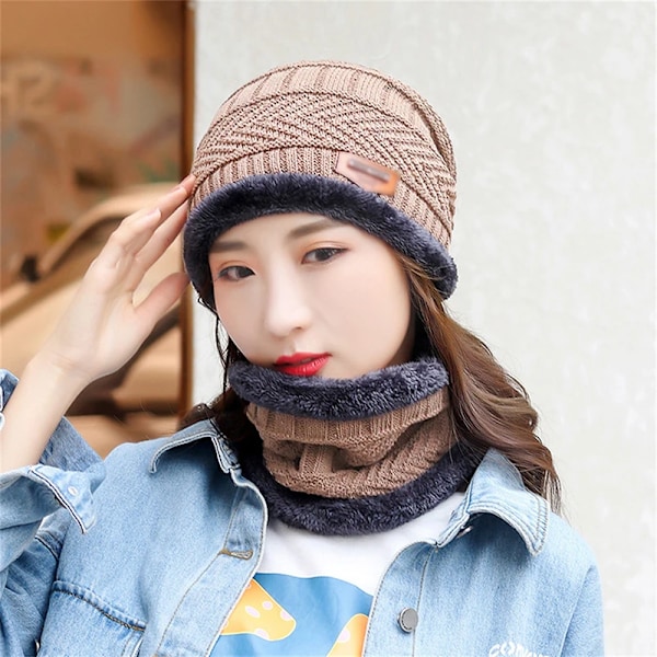 Ny Stickad Fleece Halsduk Vinterhatt Mjuk Herr Och Dam Beanie Varm Hatt Tjockare Plus Sammet Lös Vinterhatt Med Halsduk CF2