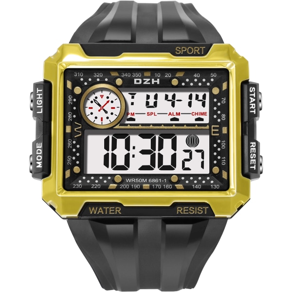 Big Dial Digitala klockor för män Tonåring Pojkar Sport 50M Vattentät Datum Alarm Stoppur Dual Time Black Watch Ålder 15-20 Ny 6861  Gold