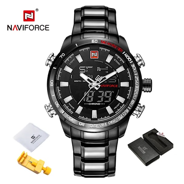 Herrklockor Lyxmode Watch NAVIFORCE Märke Herr Quartz Analog Digital klocka Man Vattentäta klockor i rostfritt stål BBW-BOX
