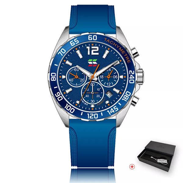 Mode Chronograph Herrklockor Toppmärke Lyx Silikonband Sport Armbandsur Business Quartz Klocka Vattentät Montre Homme Blue with Box