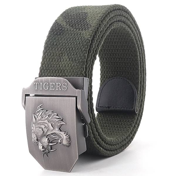 Ny canvas utomhus taktiskt armébälte 3D tigerhuvud Emblem metallspänne unisex jeansbälte för män Militärbälte Man sportrem Jungle camouflage 130cm
