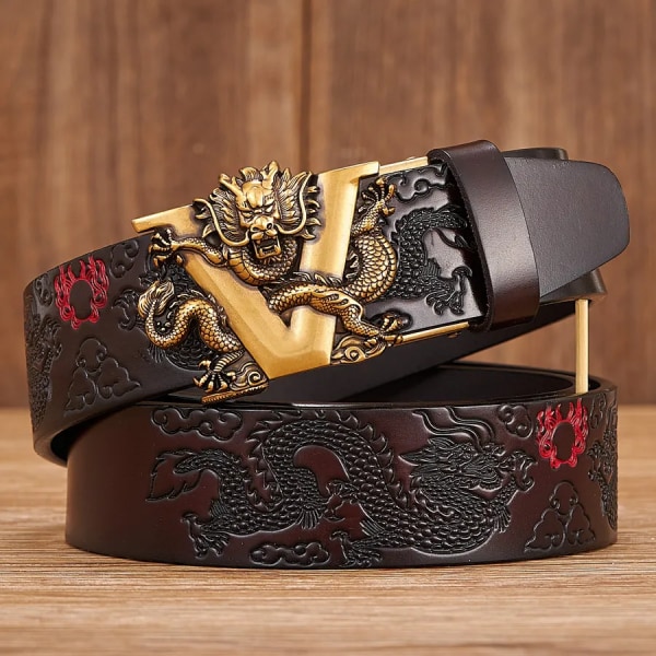 Nytt manligt Kina drakbälte nötskinnsbälte i äkta läder för män Carving Dragon-mönster Automatiskt spänne bältesrem för jeans Golden buckle Camel 105CM