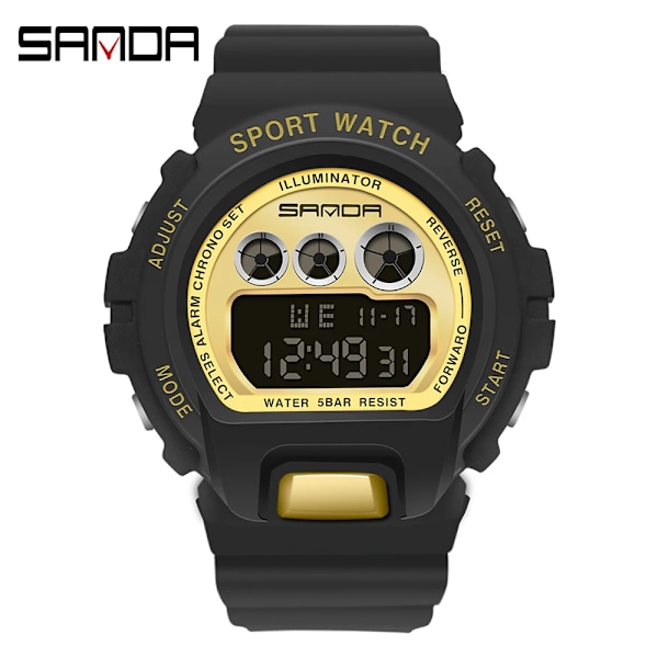 SANDA Mode Enkel Watch Herr Militärklockor Väckarklocka Ms Resistant Vattentät Digital Watch reloj hombre black gold