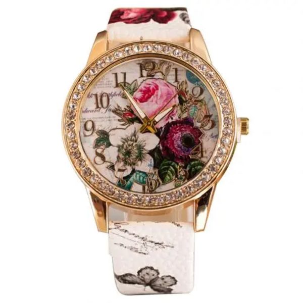 HET FÖRSÄLJNING!!! Kvinnor Rhinestone Inlagd Blomma Rund Urtavla Faux Läder Band Kvarts Watch Mode Kvarts Watch Kvinnor White