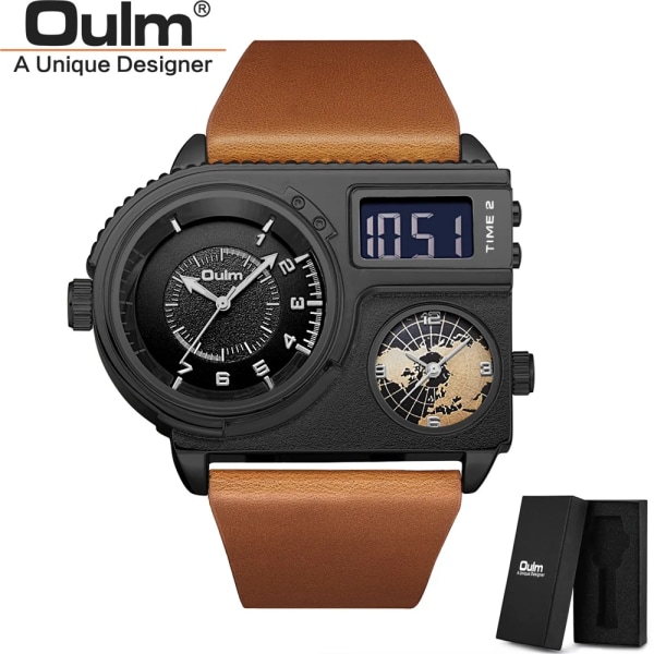 Oulm 5026 New Dual Display Två tidszon Watch Man Big Dial Quartz Clock Timmar Herr Armbandsur i äkta läder black with box