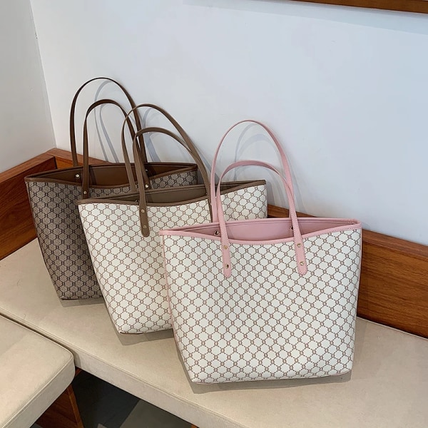 2 st/ set Lyxdesigner handväska med hög kapacitet handväska för kvinnor Trender varumärkesdesigner randig shopper axel shoppingväska Coffee 43cmx29cmx14cm