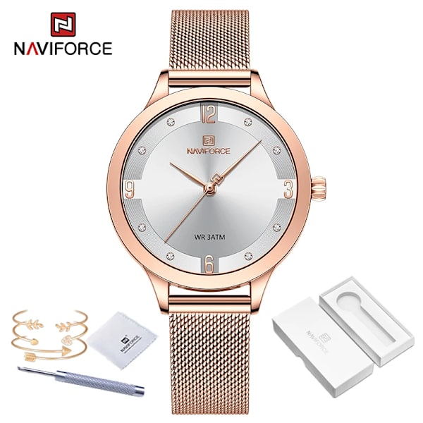 NAVIFORCE modeklockor för kvinnor högkvalitativ kvarts damklocka Mesh rostfritt stål Sliver blå vattentät damarmband RGW-BOX