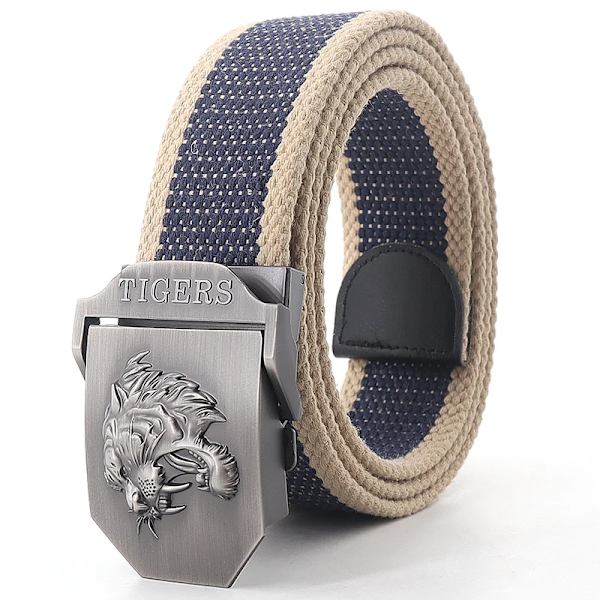Ny canvas utomhus taktiskt armébälte 3D tigerhuvud Emblem metallspänne unisex jeansbälte för män Militärbälte Man sportrem Blue rice edge 120cm