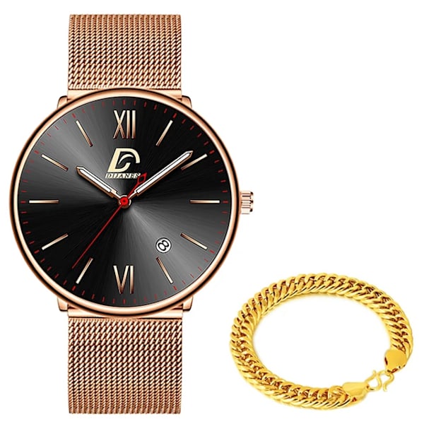 2023 Lyx Herrklockor Guld Armband Rostfritt Stål Mesh Bälte Kvarts Watch Herr Kalender Lysande klocka AS Show 9