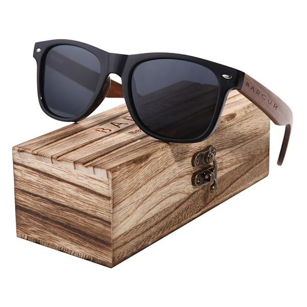 BARCUR Solglasögon i svart valnötsträ för man polariserade högkvalitativa fyrkantiga solglasögon herr UV400 glasögontillbehör originallåda Matte Black Wood box BARCUR Polarized