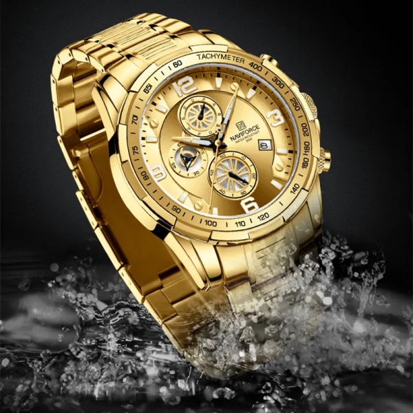 NAVIFORCE Temperament Herr Lyx Mode Design Guld Herr Klockor Multifunktion Luminous Quartz Armbandsur för män Relogio Masculino SB-BOX