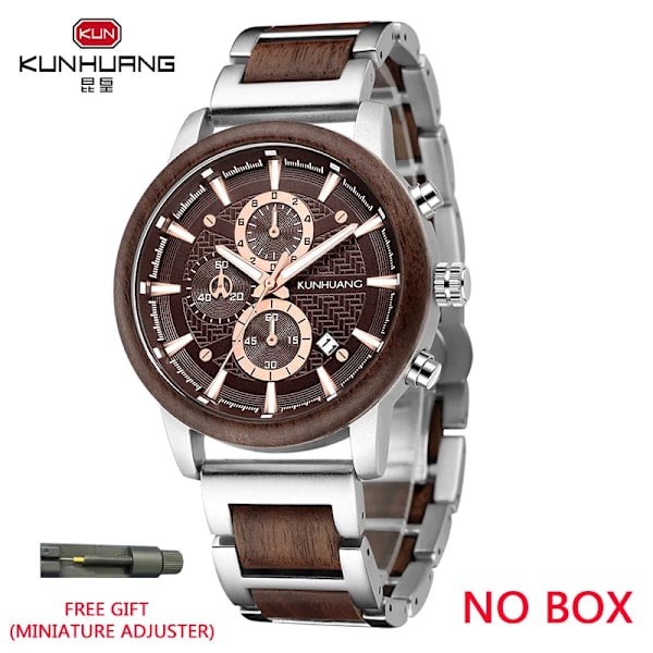 KUNHUANG Träklockor Lyxig lysande multifunktions träkvarts watch för män Mode Sport Klockor Zegarek męski Silver brown