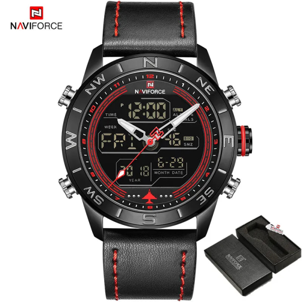 Lyxmärke Herr NAVIFORCE 9144 Army Military Watch Digital Läder Sport vattentäta Klockor Kvarts Herrklocka Relogio Masculino BRB BOX