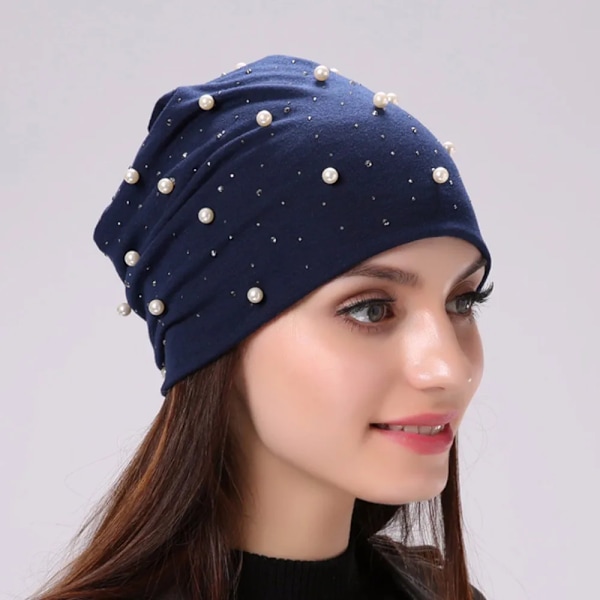 Mjuka Bomulls-Hattar för Höst & Vår - Dam & Flickor - Pärlor & Strass - Varma Skullies - Turban - Bonnet - Kvinnliga Hattar E beige Elasticity